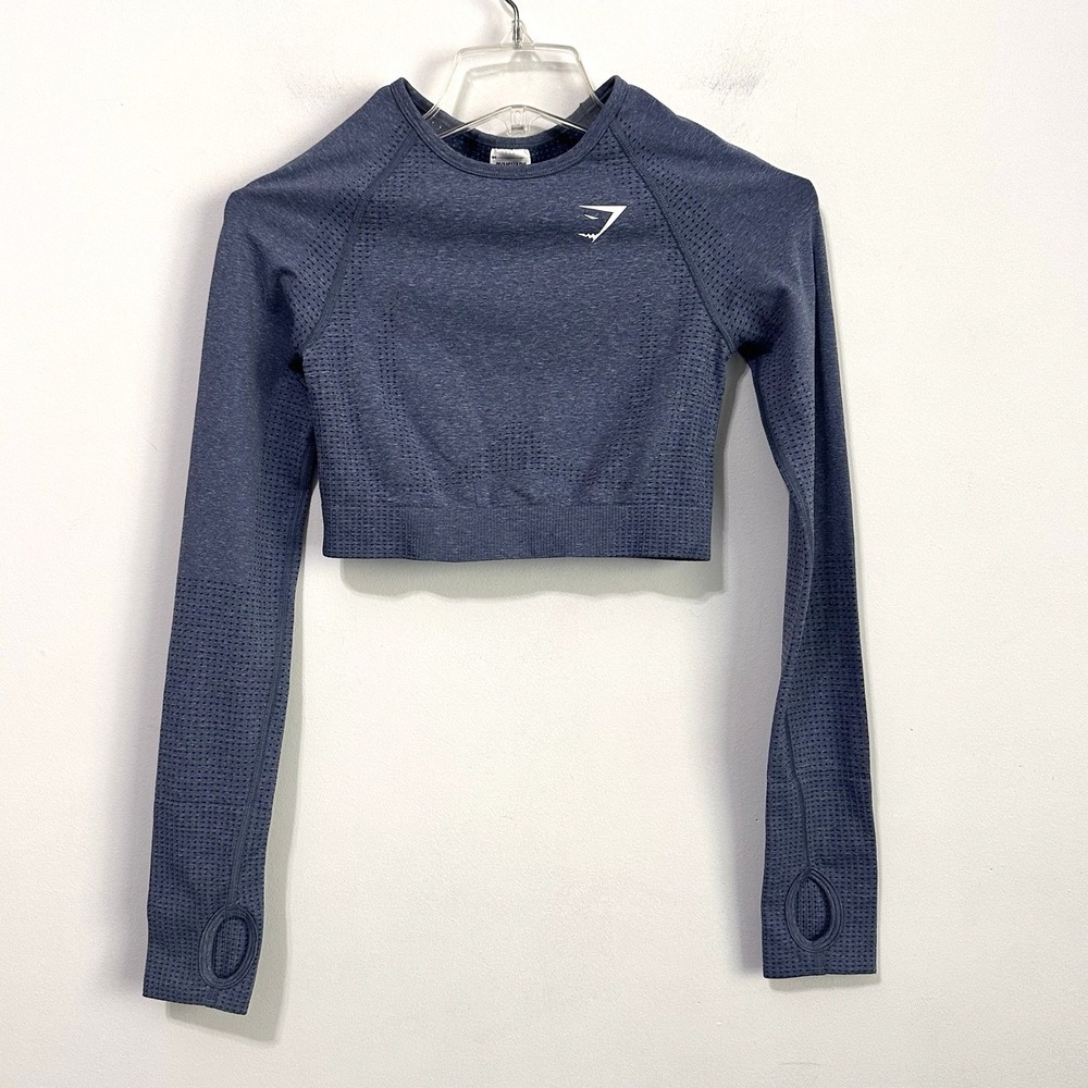 Gymshark Vital Seamless Long Sleeve Crop‎ Top S Blue Yoga Workout Gym Running